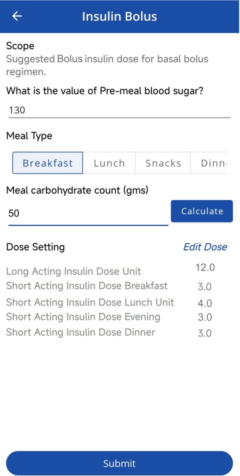 Insulin bolus screen with pre-meal blood sugar, meal type and carbohydrate count