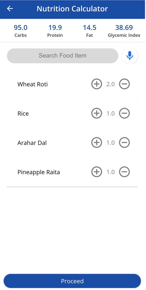 Nutrition calculator listing wheat roti, rice, arahar dal and pineapple raita with carbohydrate total