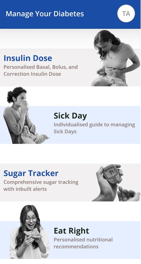 DiaBuddy home screen with Insulin Dose, Sick Day, Sugar Tracker and Eat Right tools